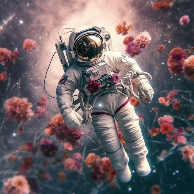 astronaut drijft in de ruimte met bloemen op de achtergrond generatieve ai