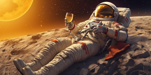 An Astronaut Drinks and Lies in a Sun Lounger on the Moon Generative AI