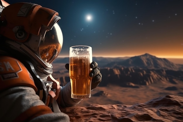 惑星上でビールを飲む宇宙飛行士 ジェネレーティブ AI