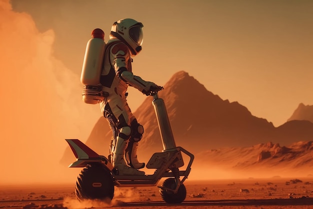 Фото Астронавт едет на футуристическом скутере на планете марс