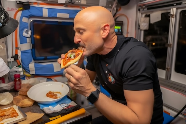 Astronauta che mangia pizza su una nave spaziale rete neurale generata dall'ai