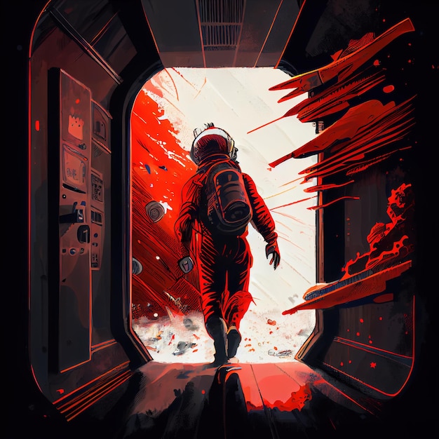 An astronaut emerges from his spaceship A hightech astronaut from the future