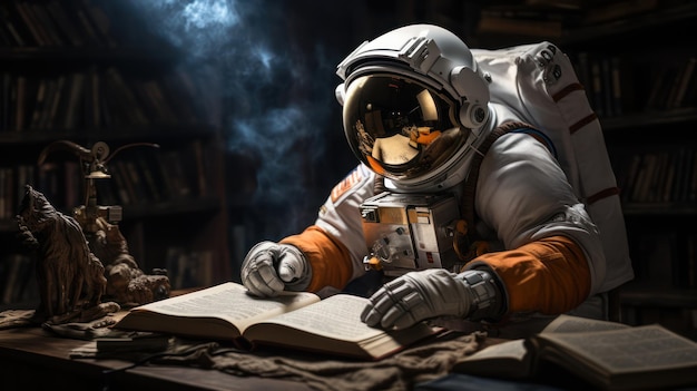 Photo astronaut engrossed in reading a book in space