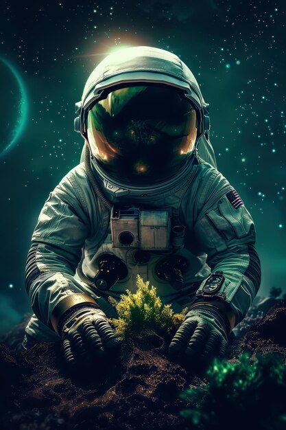 An astronaut on exotic alien planet