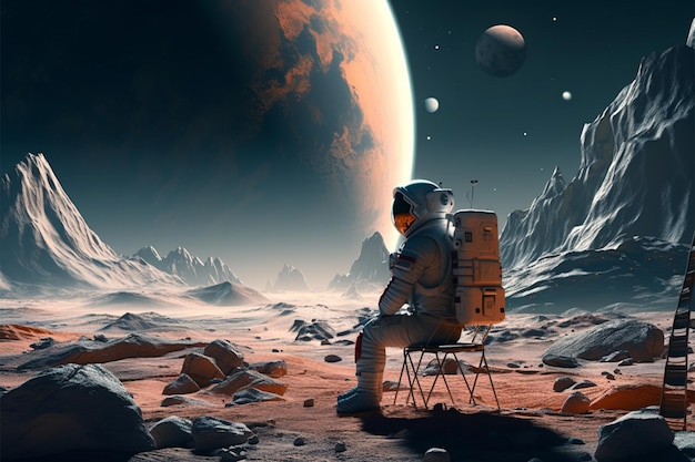 Astronaut explores alien moons surface in captivating planetary illustration