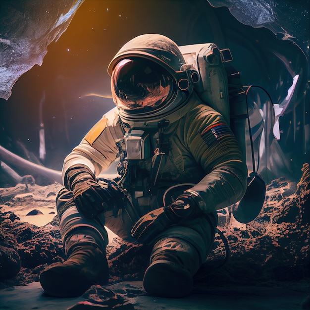 An astronaut exploring an alien planet A hightech astronaut from the future