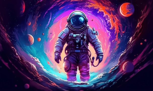 Astronaut Exploring the Galaxy Colorful Space Illustration Background Generative Ai