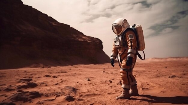 An Astronaut Exploring Mars Wearing Spacesuit and Helmet