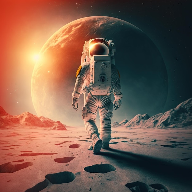 Astronaut exploring moon with mountains and sun created using generative ai technology