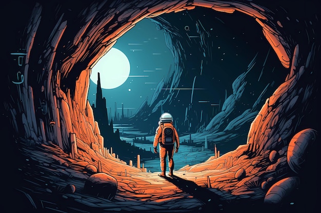 An astronaut exploring a mysterious cave