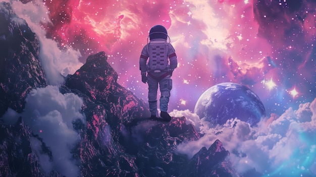 活気のある宇宙の風景を探索する宇宙飛行士 スリレアルなポップアートのオデッセイ Avtor TechArtTrends
