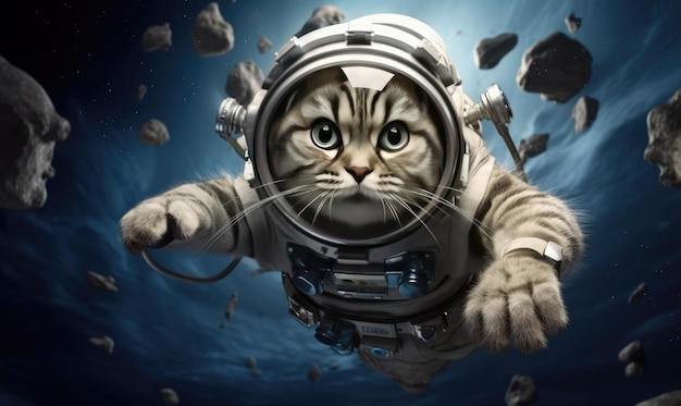 Astronaut feline een kat in een ruimtepak zweeft door de uitgestrektheid van de ontworpen ruimte
