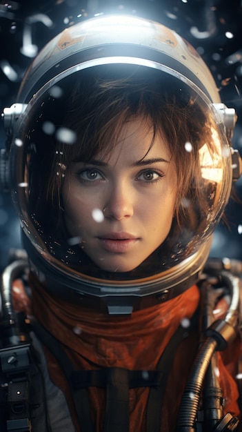 Photo astronaut female brunette with short hair close up portrait