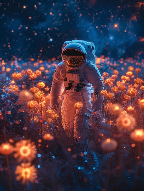 宇宙飛行士が花の畑で青い空の背景を生み出します