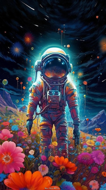 Astronaut in a field of flowers with a bright light shining down generative ai