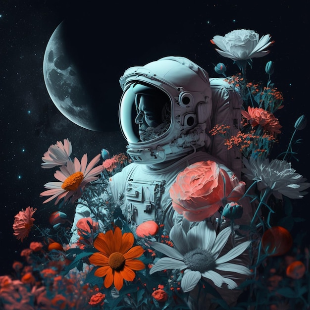 Astronaut in a field of flowers with a full moon in the background generative ai