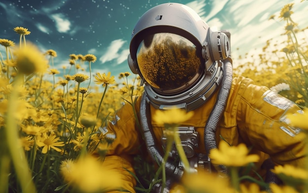 An astronaut in a field of flowers with the letter g on it