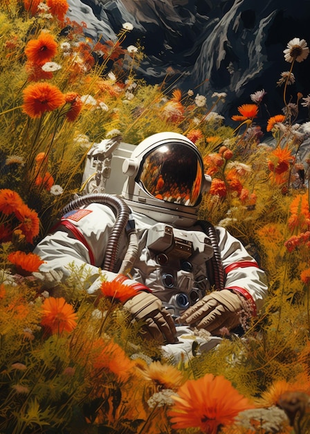 astronaut in a field of flowers with a mountain in the background generative ai