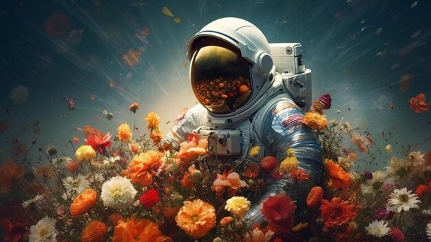 Astronaut in a field of flowers with a sunbeam generative ai