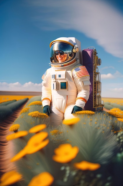 An astronaut in a field of flowers with the words nasa on it