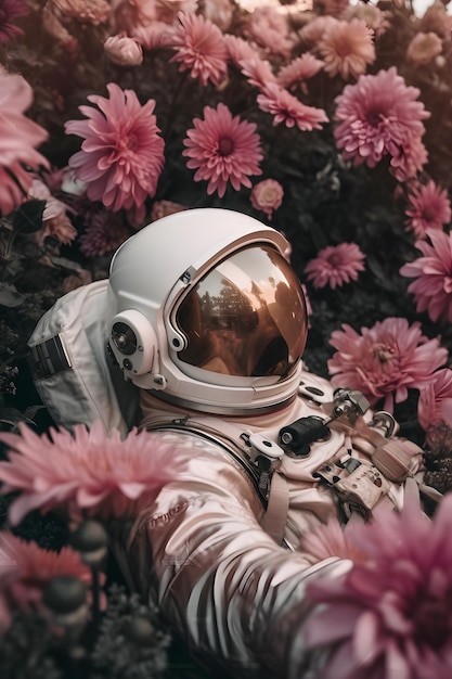 An astronaut in a field of flowers