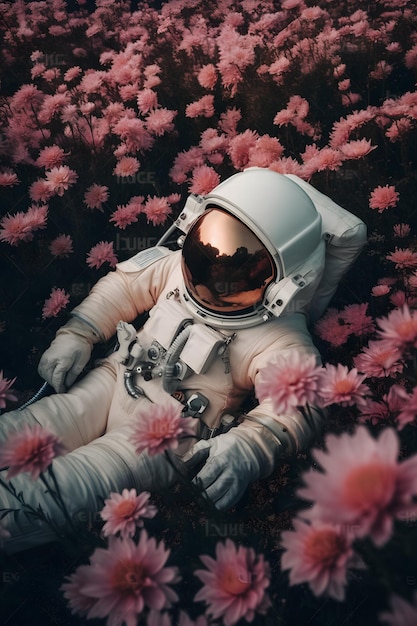 An astronaut in a field of flowers