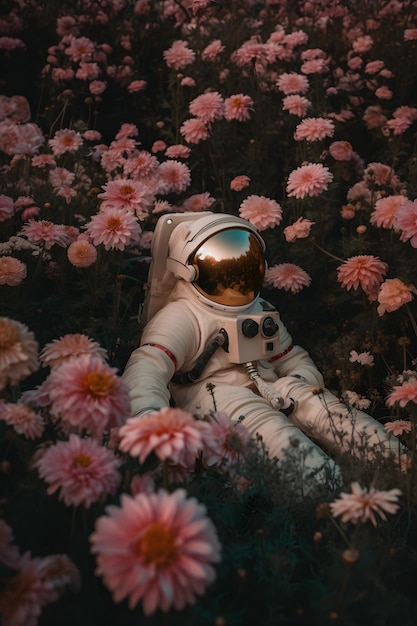 Foto astronauta in un campo di fiori