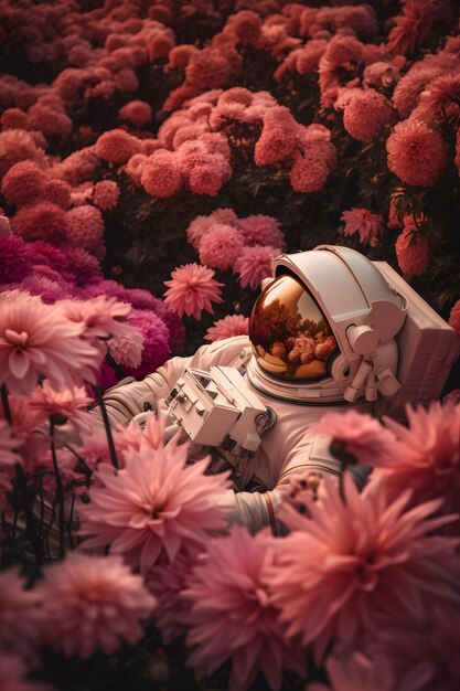 Astronaut in a field of flowers