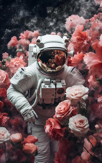 An astronaut in a field of flowers