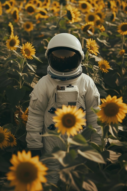 Astronaut on the field with sunflowers