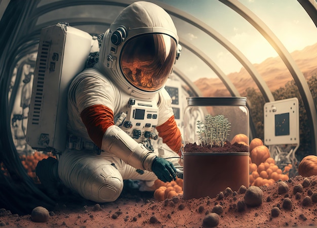 Astronaut filtering water on alien planet Generative AI