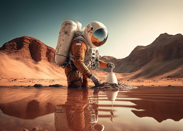 Astronaut filtering water on alien planet Generative AI