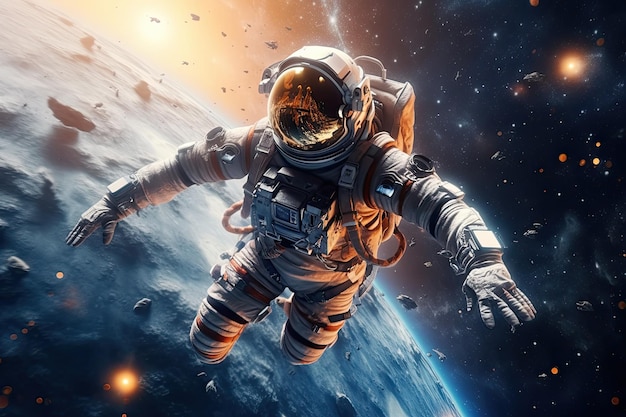 Photo astronaut flies in outer space planets beautiful nebula galaxy background wallpaper banner generative ai