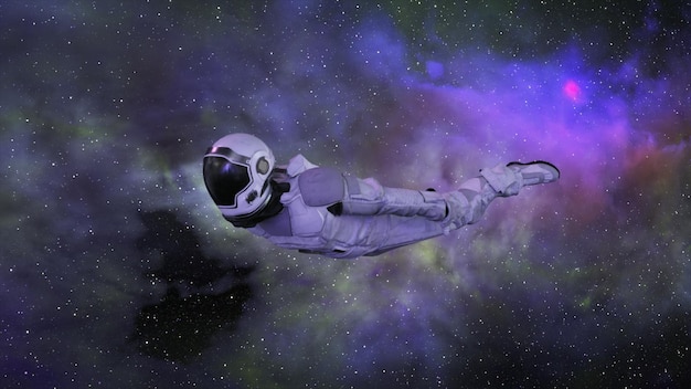 写真 宇宙飛行士が紫青の雲を通り過ぎて飛ぶ 宇宙 宇宙服のネオンカラー 雲が宇宙飛行士の周りを回る 天の川 3dイラスト