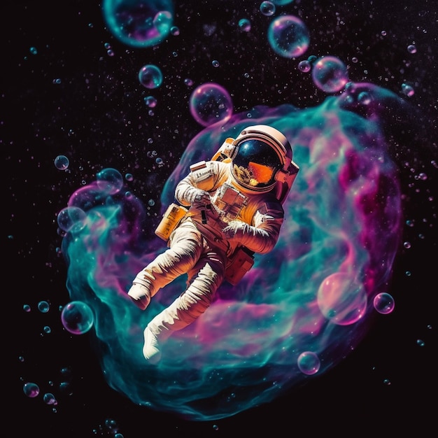 宇宙飛行士が空中に浮かんでいて 背景に泡が浮かんでる