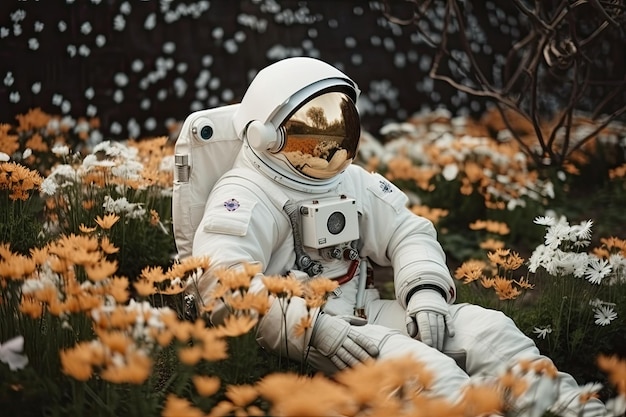 Foto astronauta che galleggia tra fiori che sbocciano nel futuristico giardino botanico