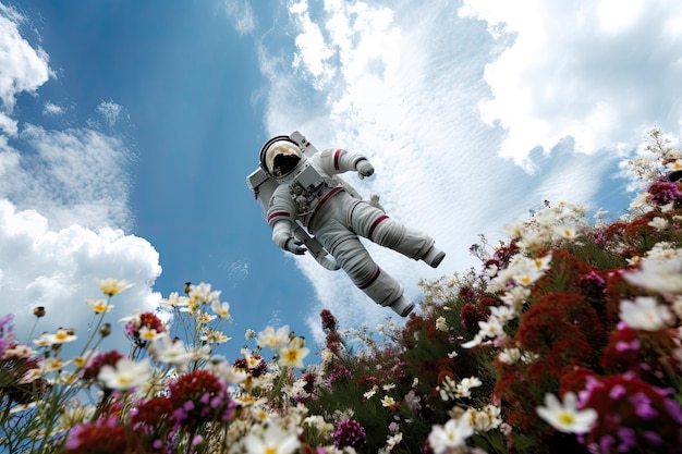 Astronaut floating among blooming flowers with blue sky and clouds in the background