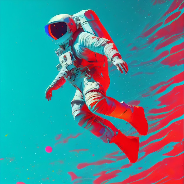 An astronaut floating in a blue and red space suit.