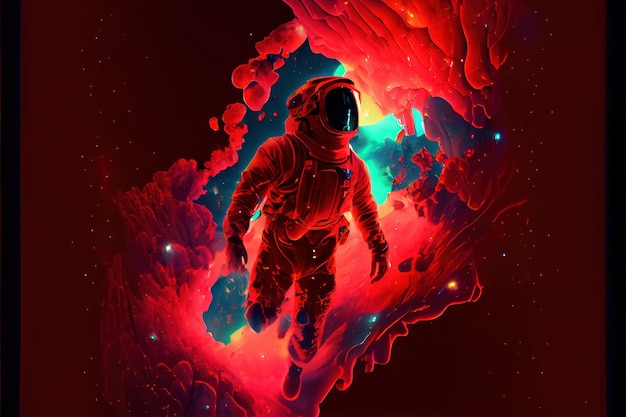 Astronaut floating in the deep space with red fluid of ink