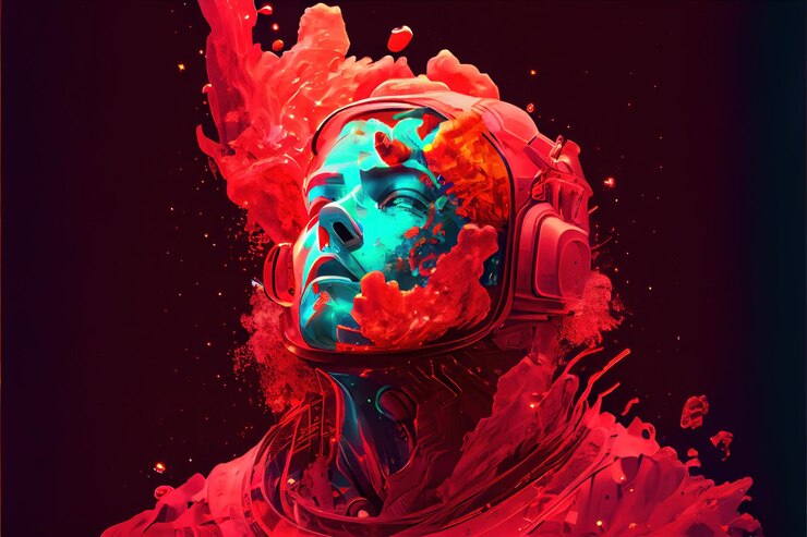 Photo astronaut floating in the deep space with red fluid of ink