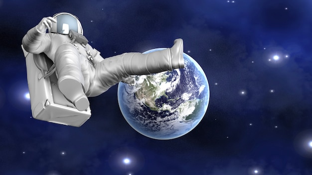 Astronaut floating over the earth 3D rendering