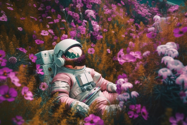 Astronaut floating among the flowers in serene and peaceful setting