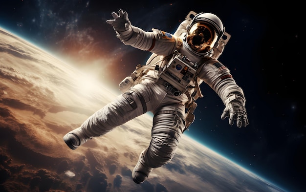 Astronaut floating above moon 3D illustration