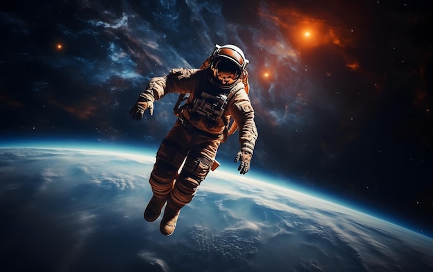 Astronaut floating above moon 3D illustration