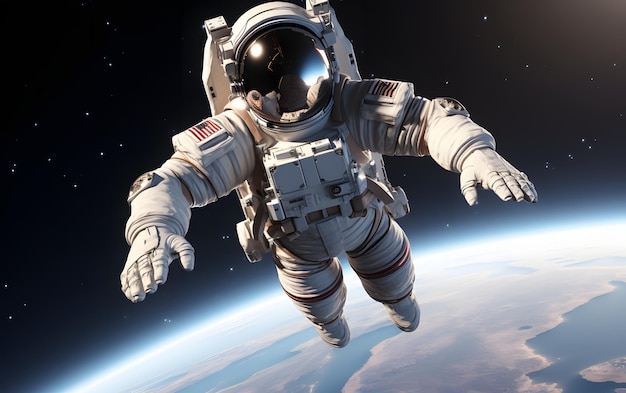 Astronaut floating above moon 3D illustration