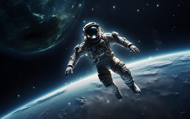 Astronaut floating above moon 3D illustration