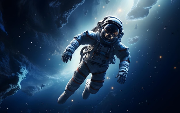 Astronaut floating above moon 3D illustration