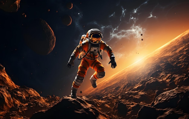 Astronaut floating above moon 3D illustration