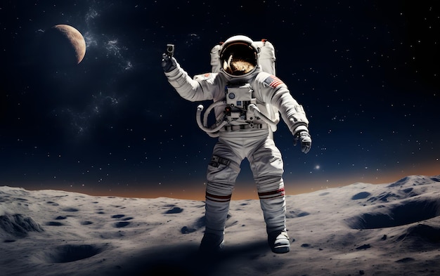 Astronaut floating above moon 3D illustration