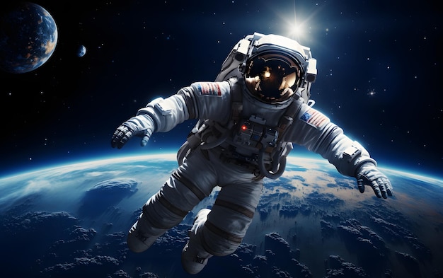 Astronaut floating above moon 3d illustration